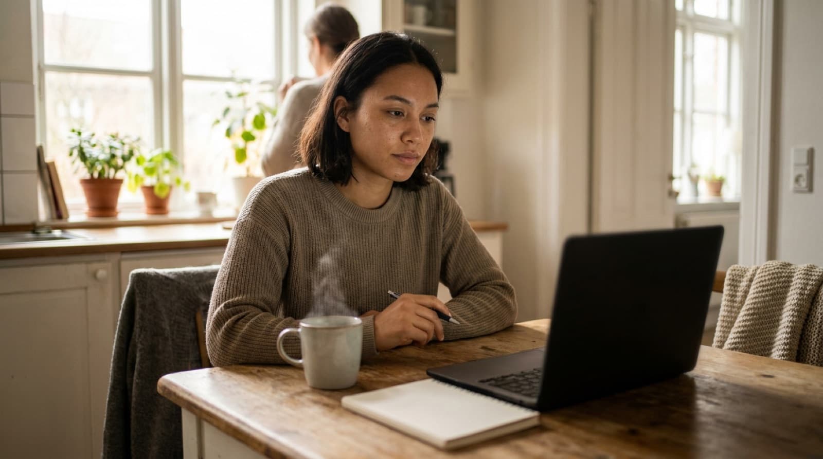 A job seeker at a kitchen table with a laptop, a notebook, and a coffee