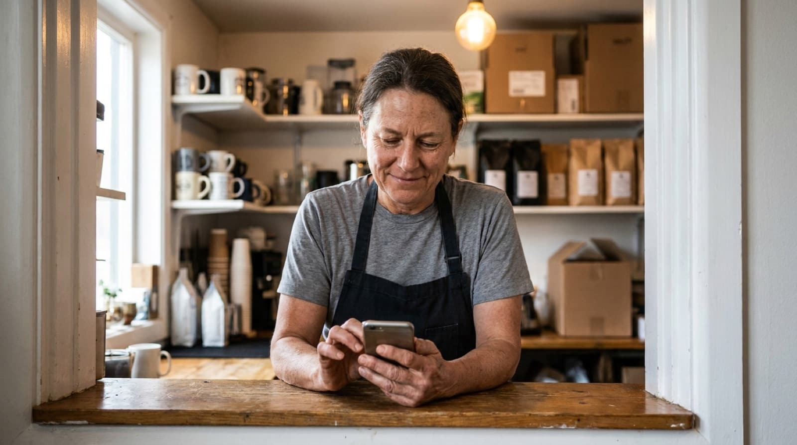 A shop owner checking her phone behind the counter of her stockroom