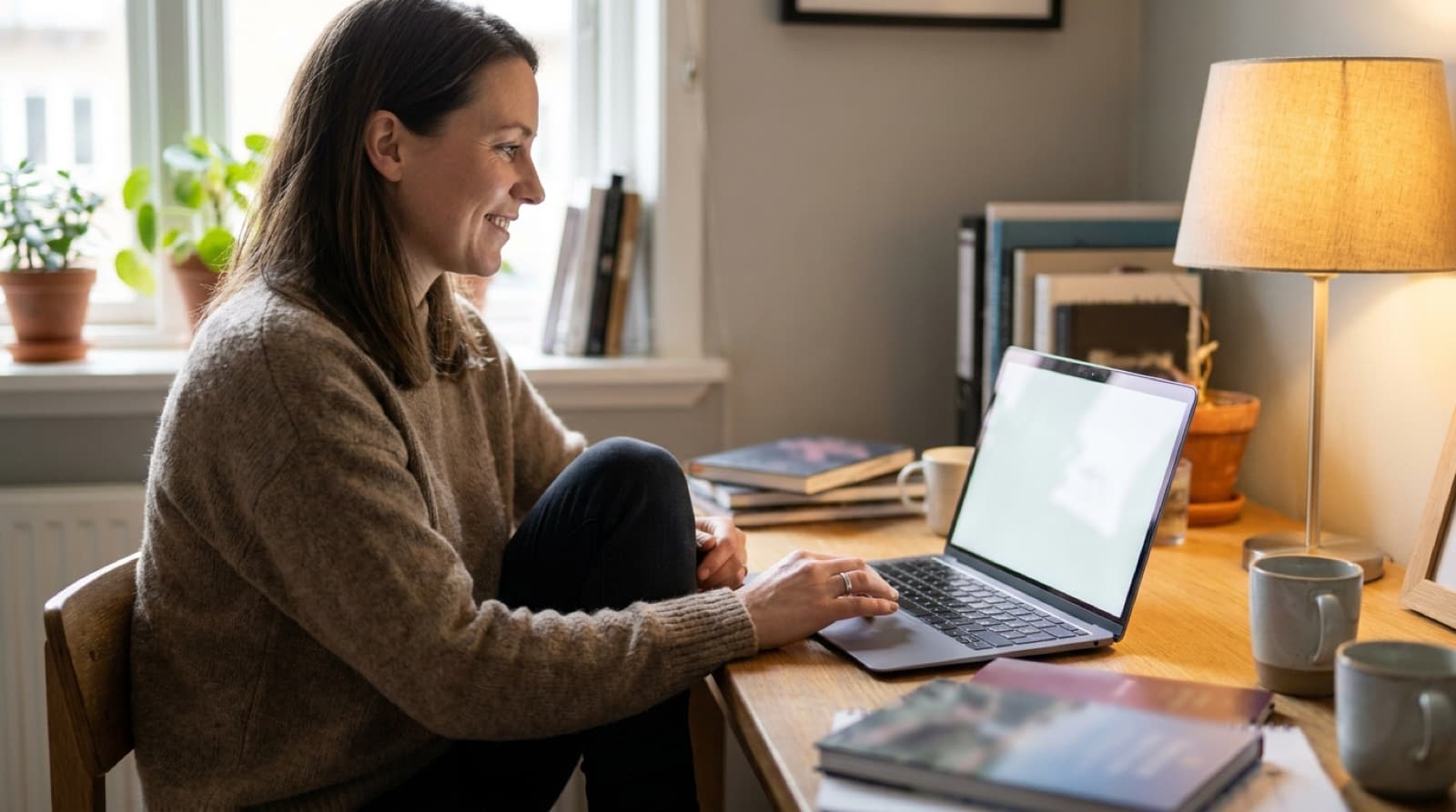 A learner at a wooden desk, smiling at her laptop in warm lamplight