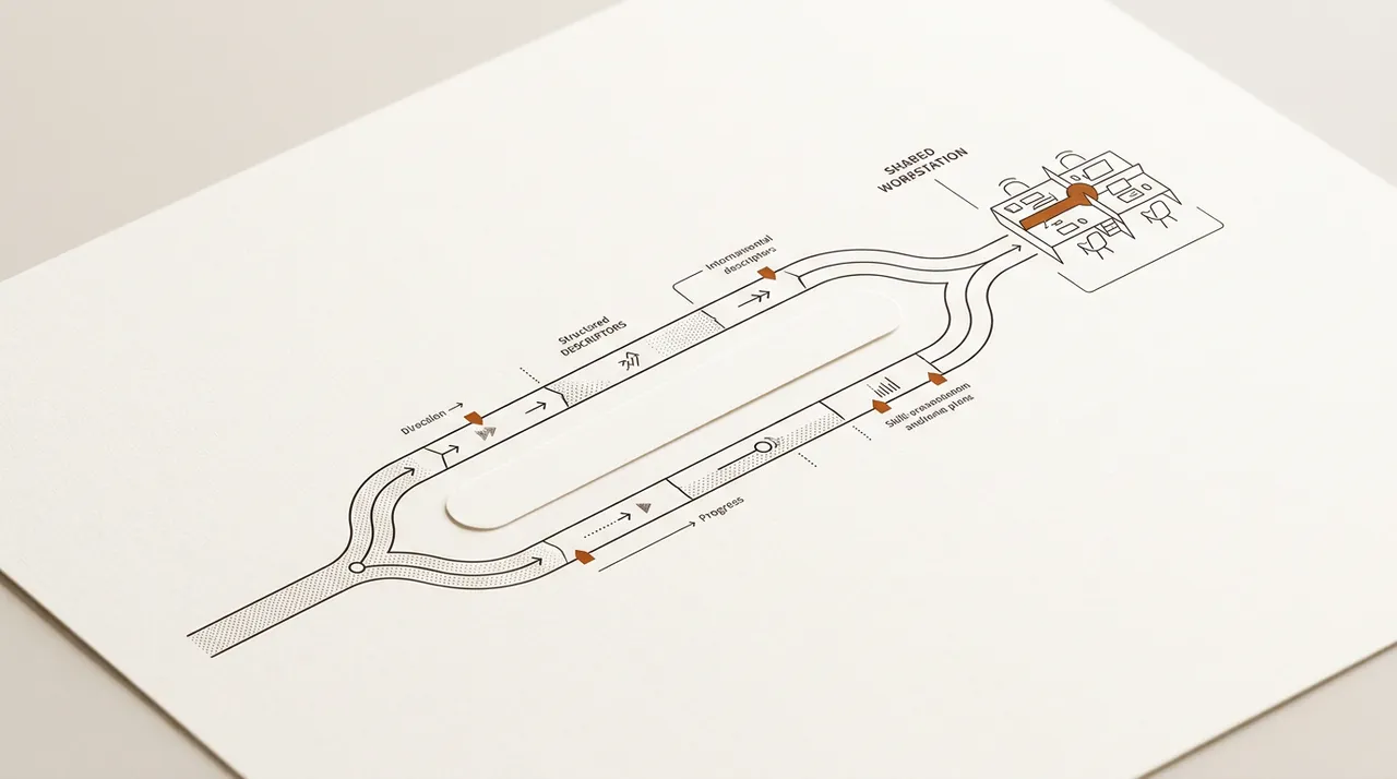 Decision path splitting into two tidy lanes that rejoin at a shared workstation, terracotta accent
