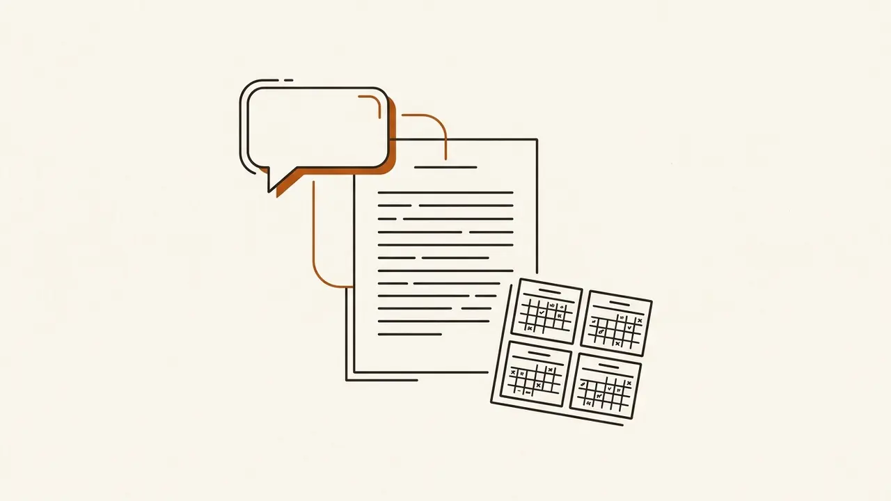 A chat bubble and a weekly report document connected by a line, beside a four-week calendar grid