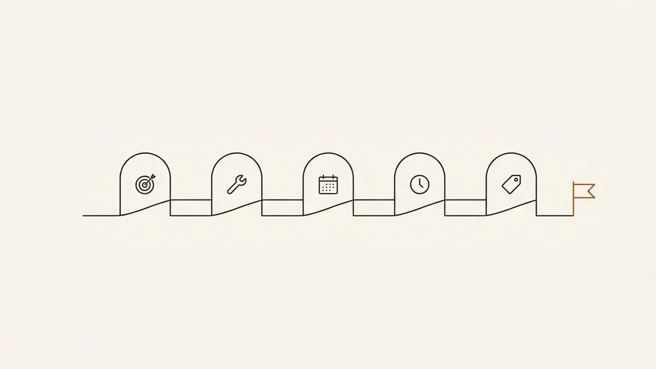 Decision path passing through five small gate arches with tool icons, ending at a terracotta flag